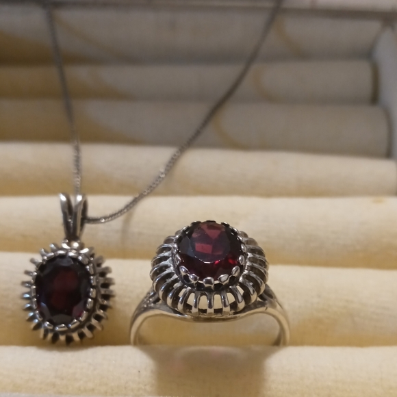 Vintage Garnet ring and necklace 925 Sterling Garnet Ring
